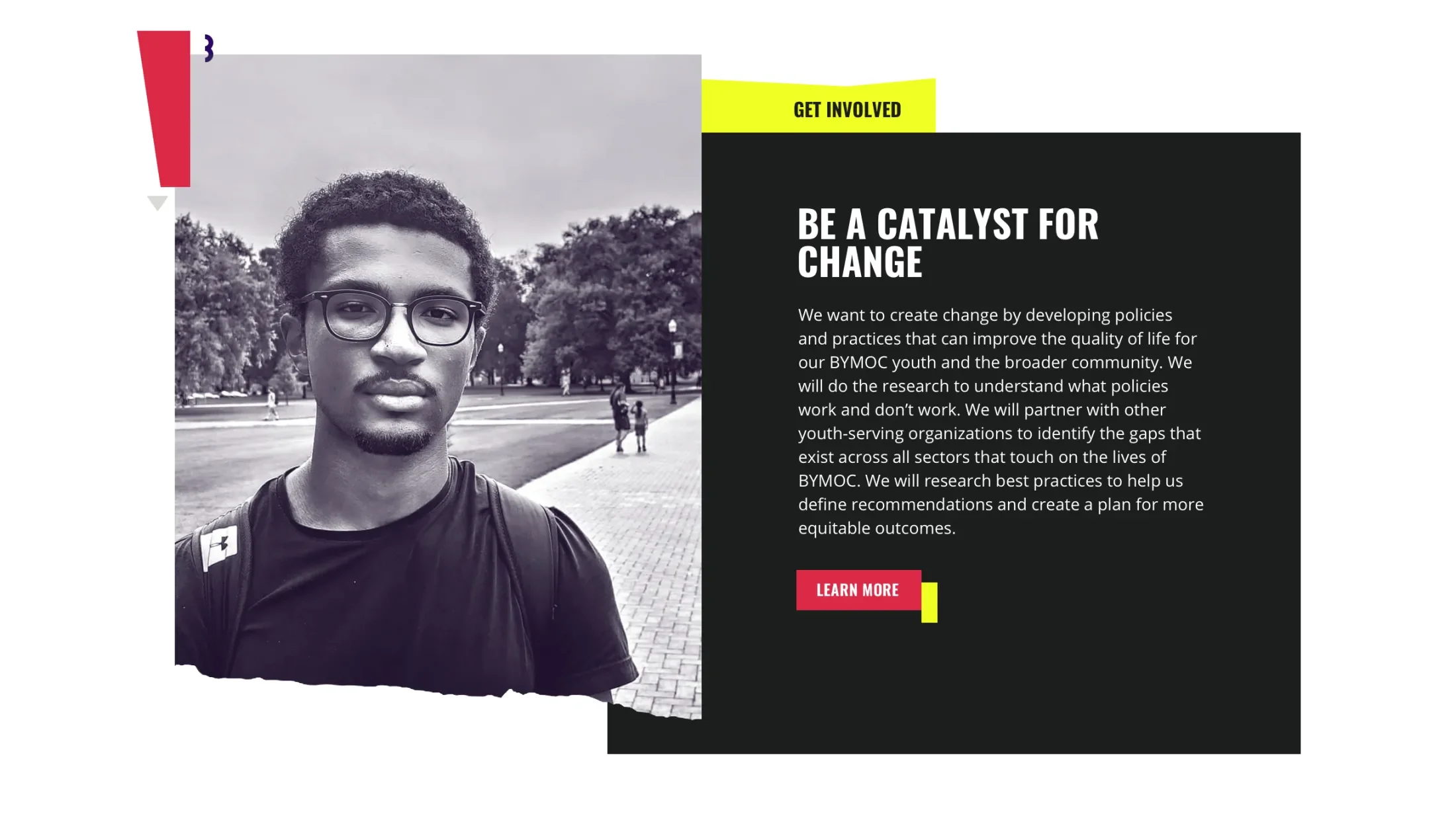 image of a student on campus with messaging about being a catalyst for change