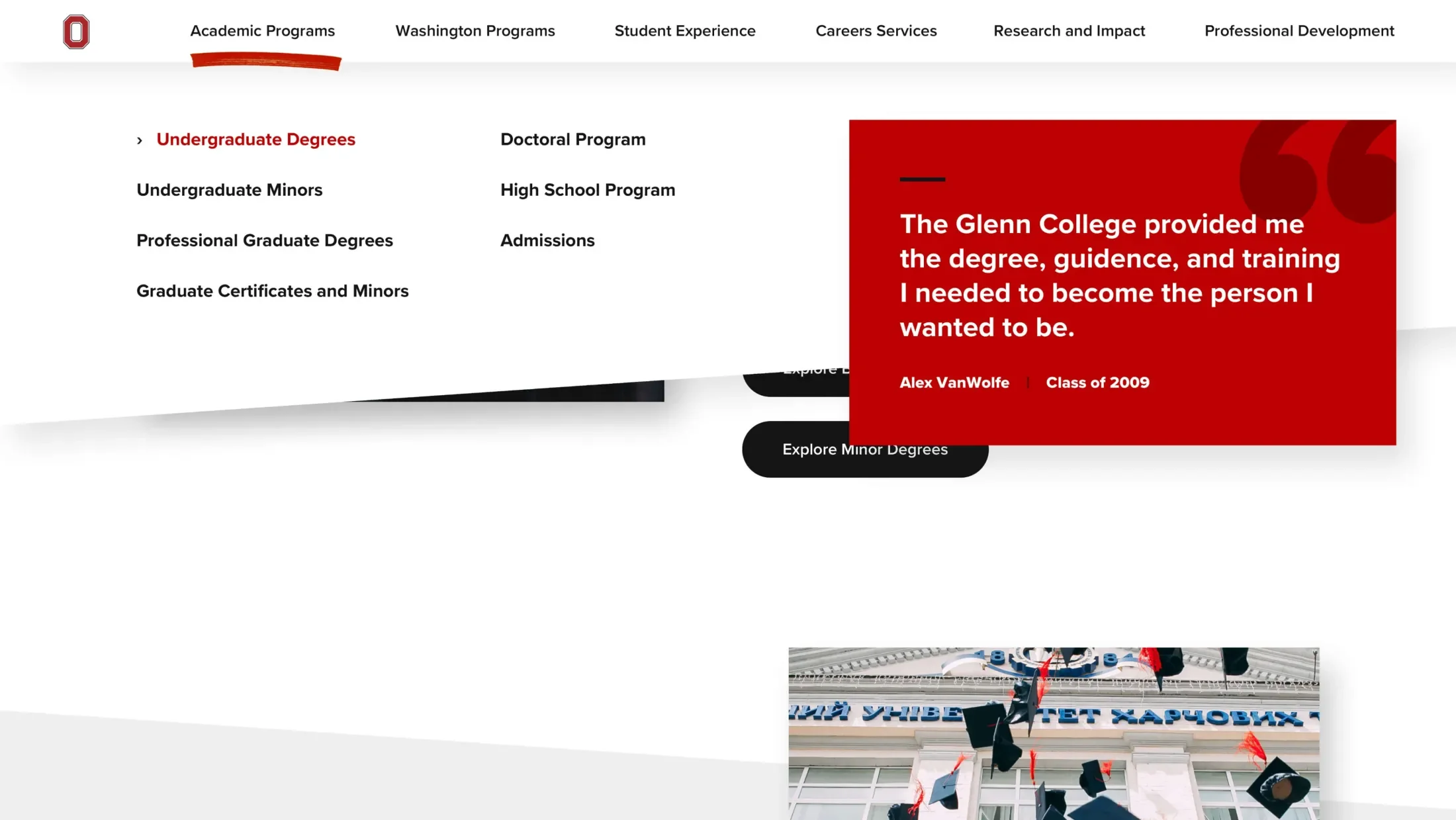 Screenshot of the John Glenn site navigation, focused on the Academic Program tab