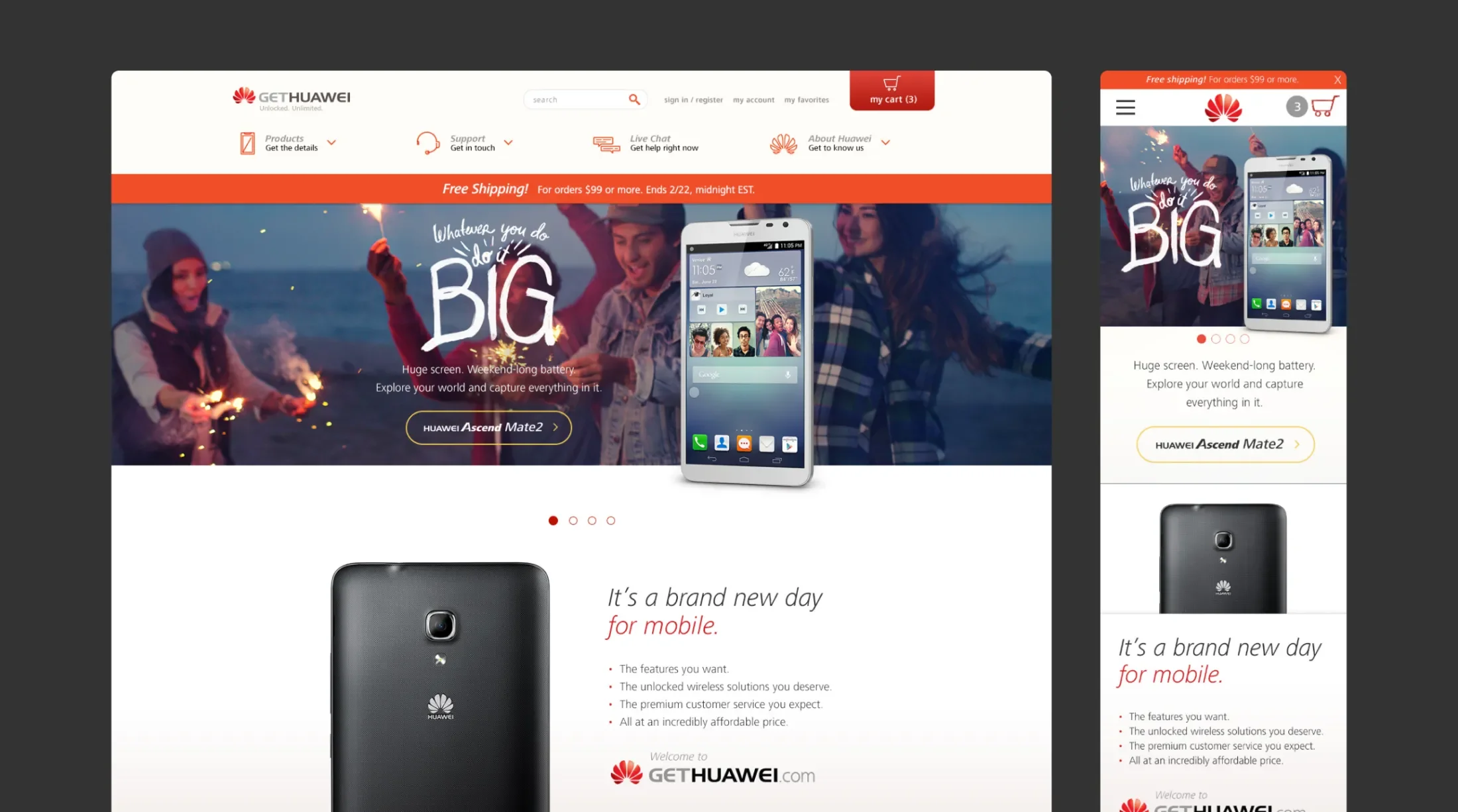 Homescreen of the Huawei site on desktop and mobile with a featured banner ad for the Ascend Mate2