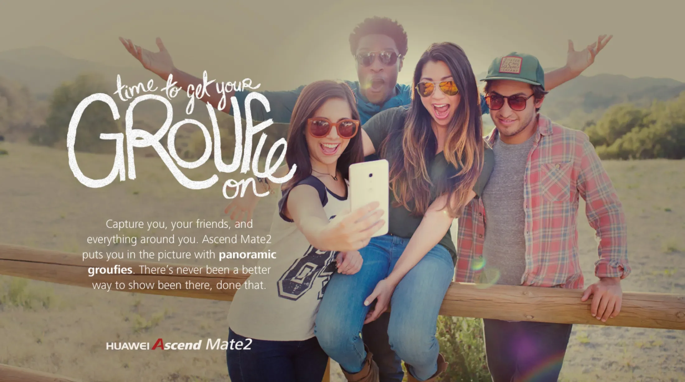 Ad for the Huawei Ascend Mate2 highlighting its "panoramic groupfie" front-facing camera