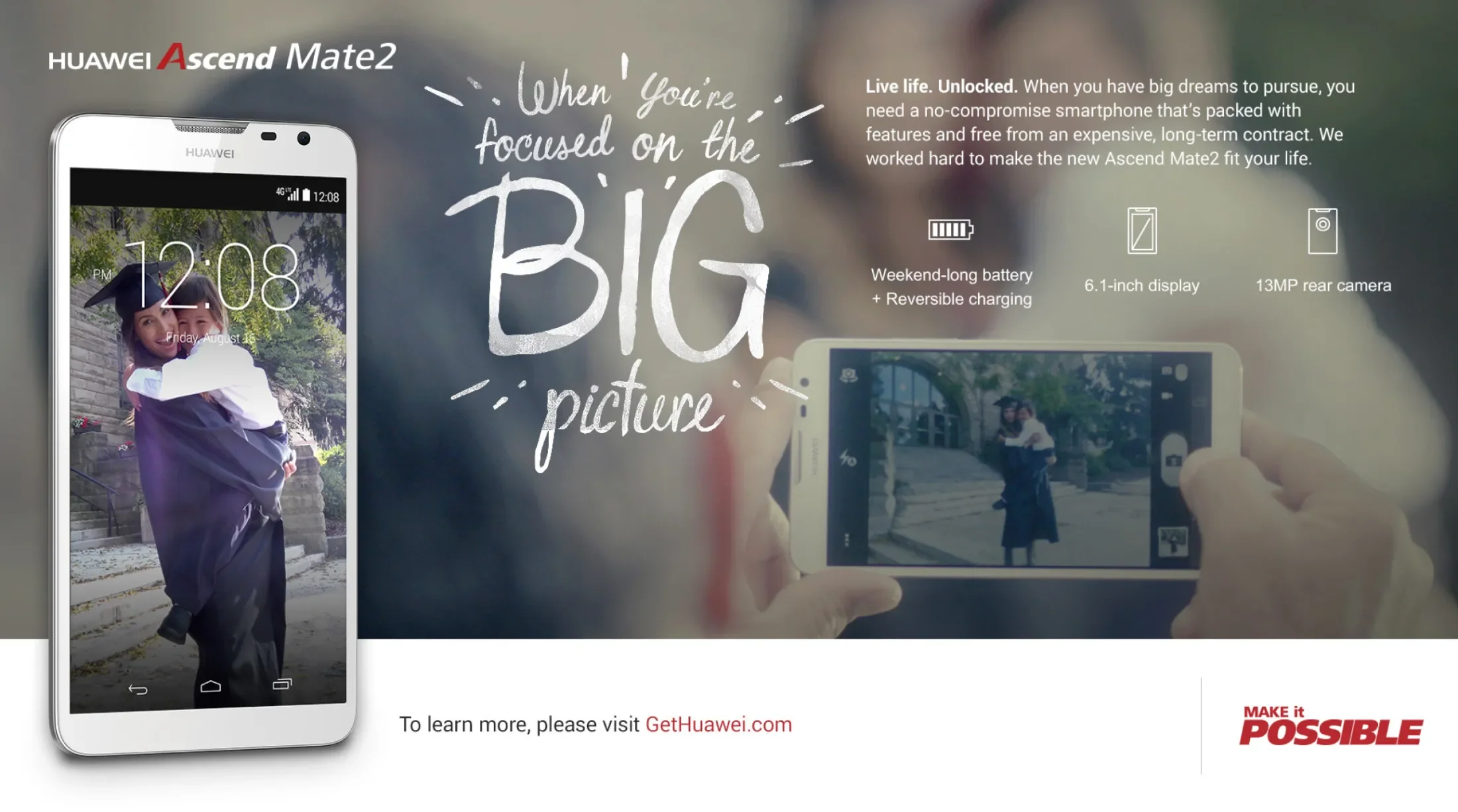 Print ad for the Huawei Ascend Mate2 advertising the display size, long battery and 13MP camera