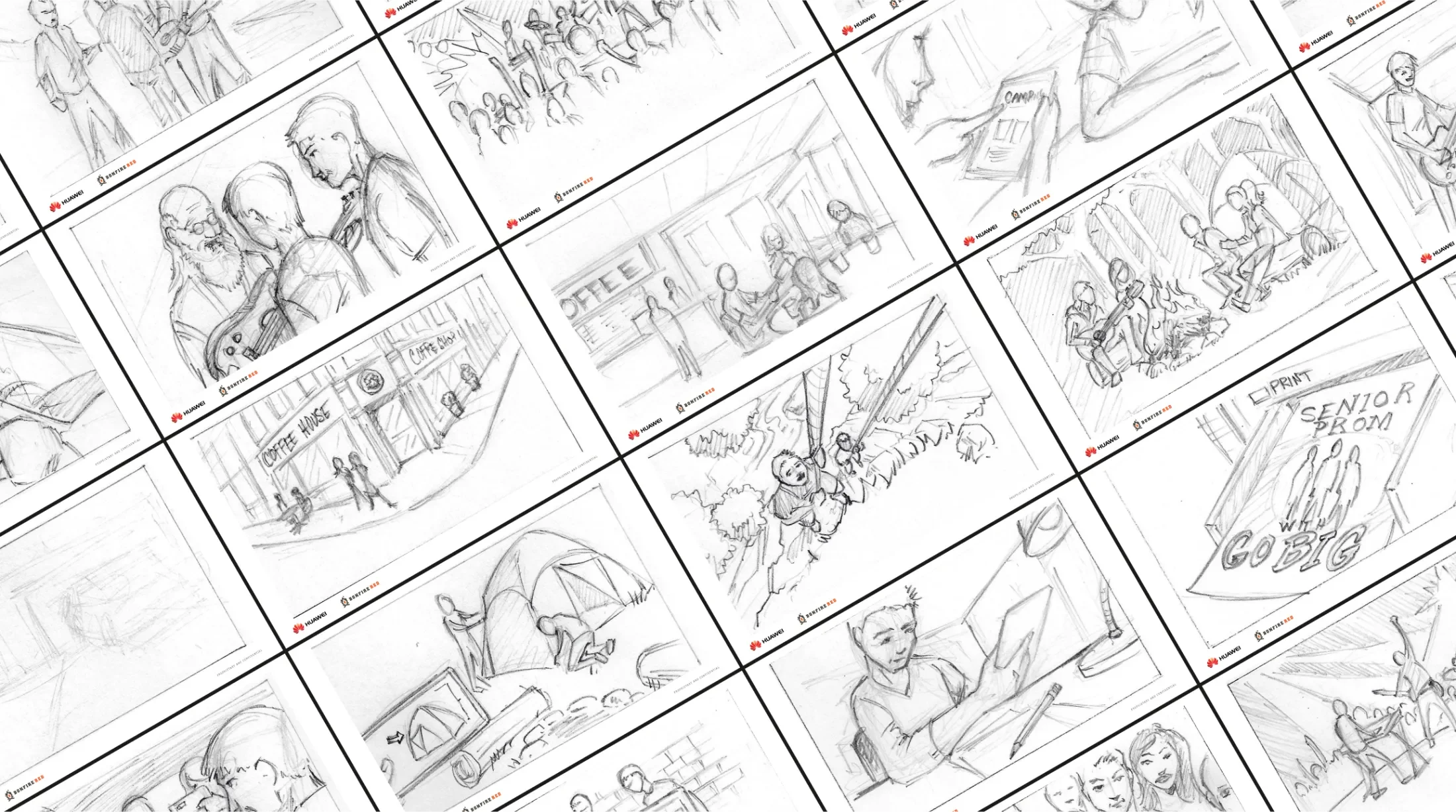 Collage of storyboard sketches for the Huawei campaign video