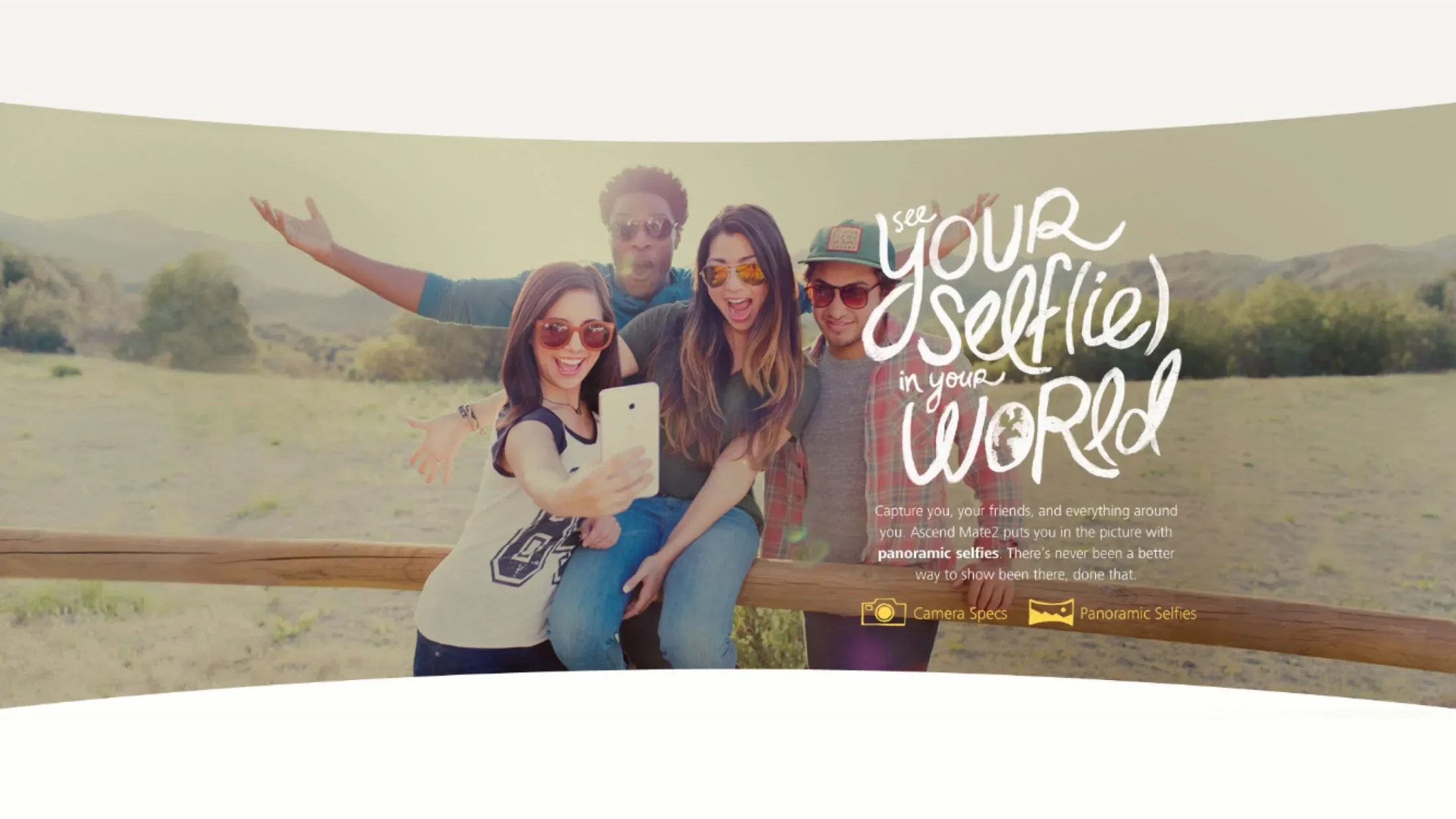 Ad ad for the Ascend Mate2's camera featuring a group of young adults in a field framed to look like a panoramic shot