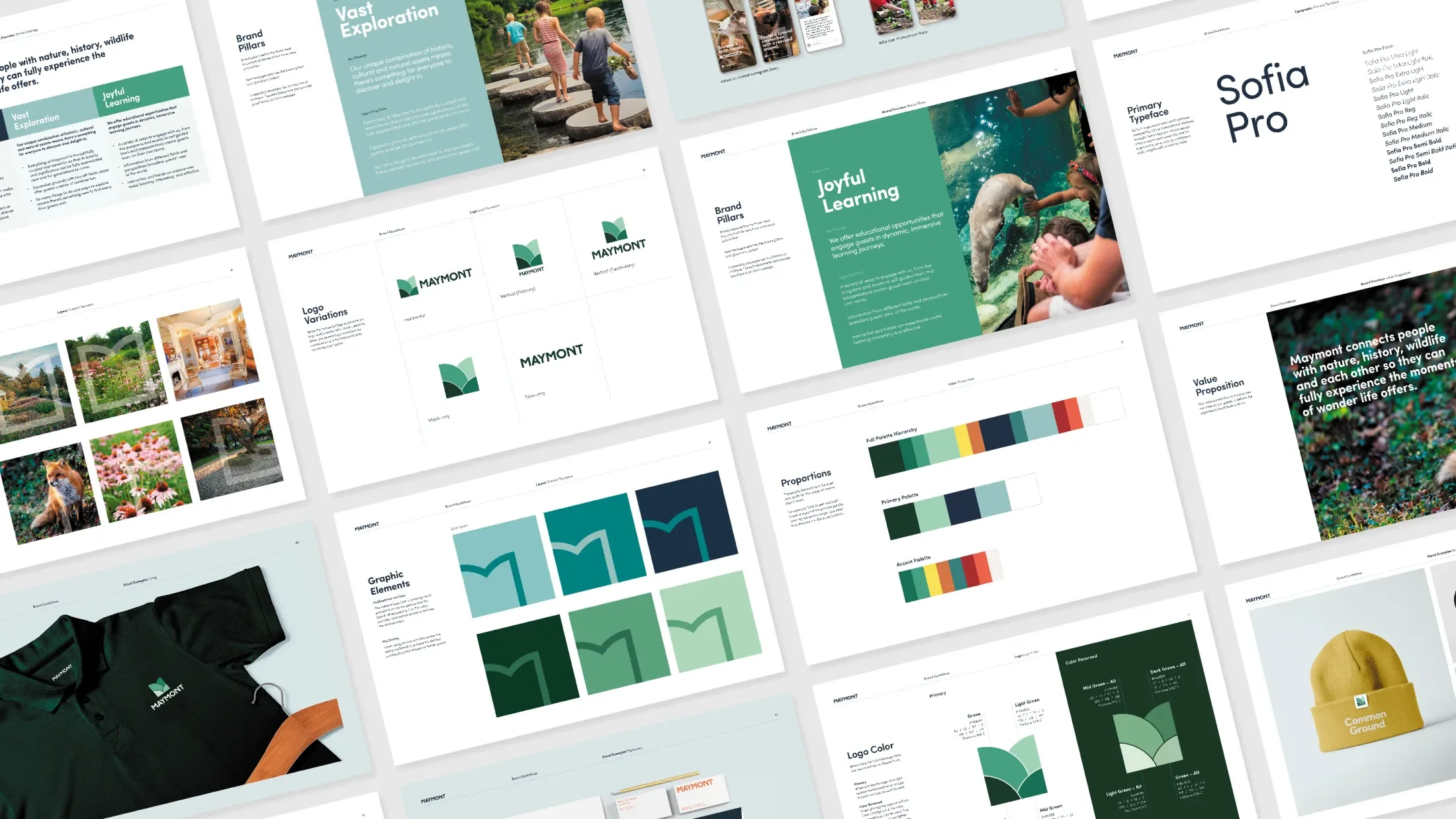 Pages from Maymont's brand guidelines tiled to show elements of the brand