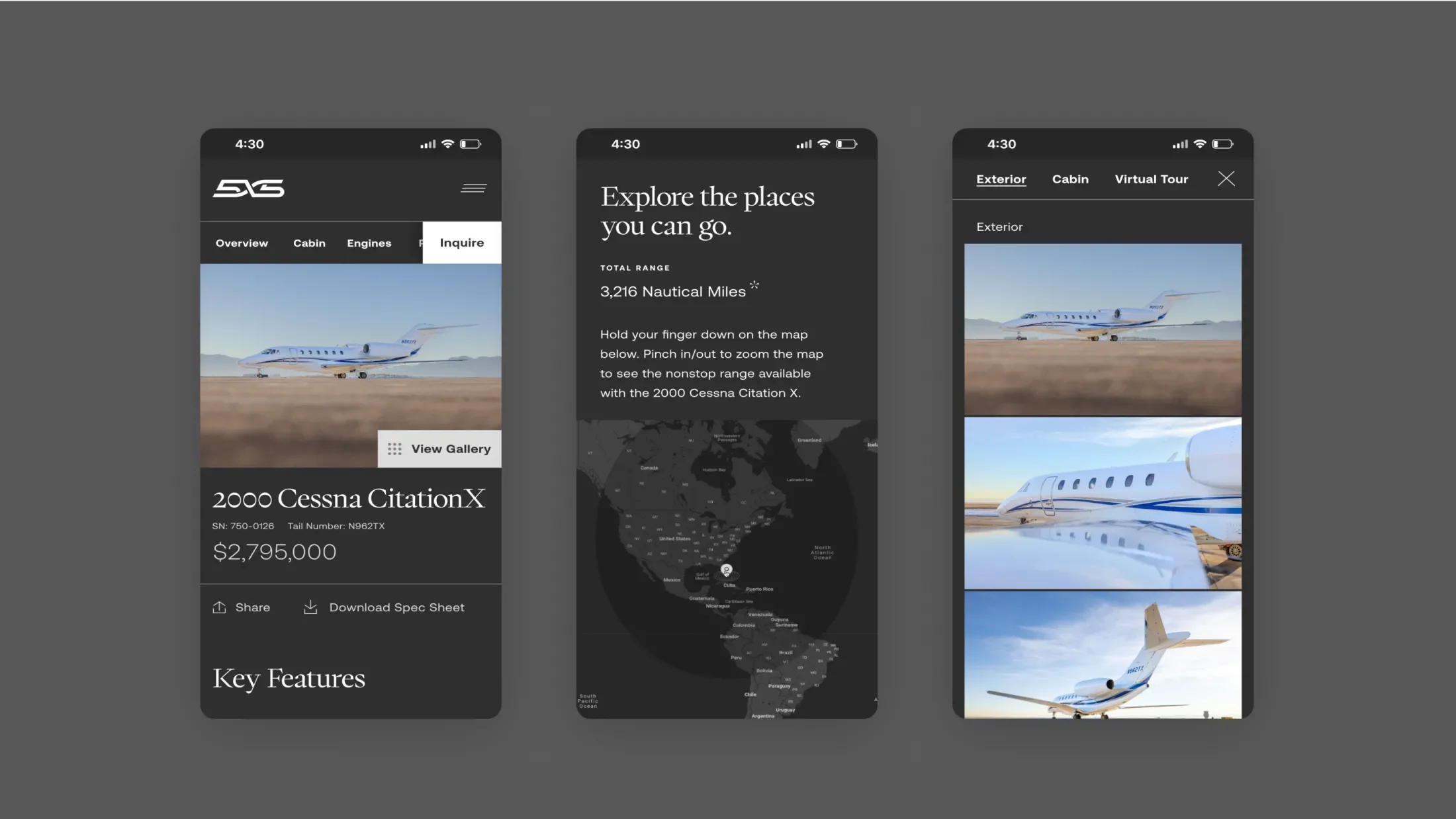 Three views of the 5x5 website on mobile highlighting the details, range and photography of the 2000 Cessna Citation X