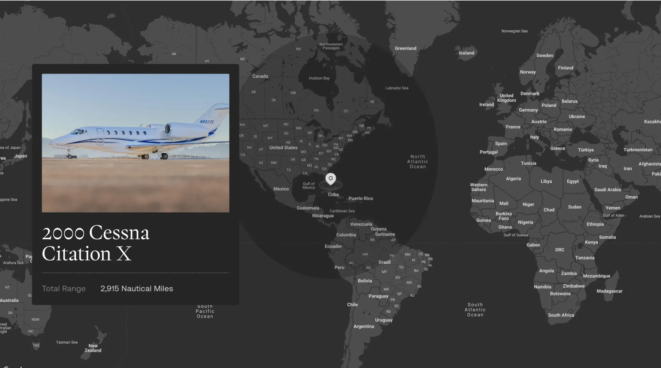 Map on 5x5's website allowing a user to move a pin and visualize the range of their selected aircraft