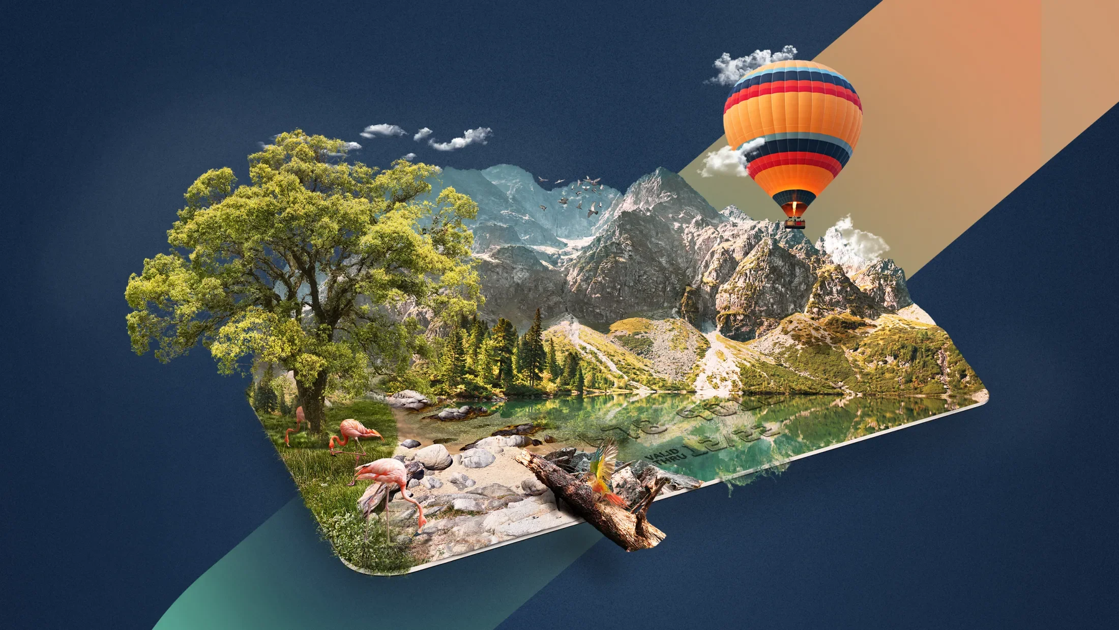 3D representation of a First Federal card serving as the base of an outdoor spaces with trees, mountains, streams, animals and a hot air balooon