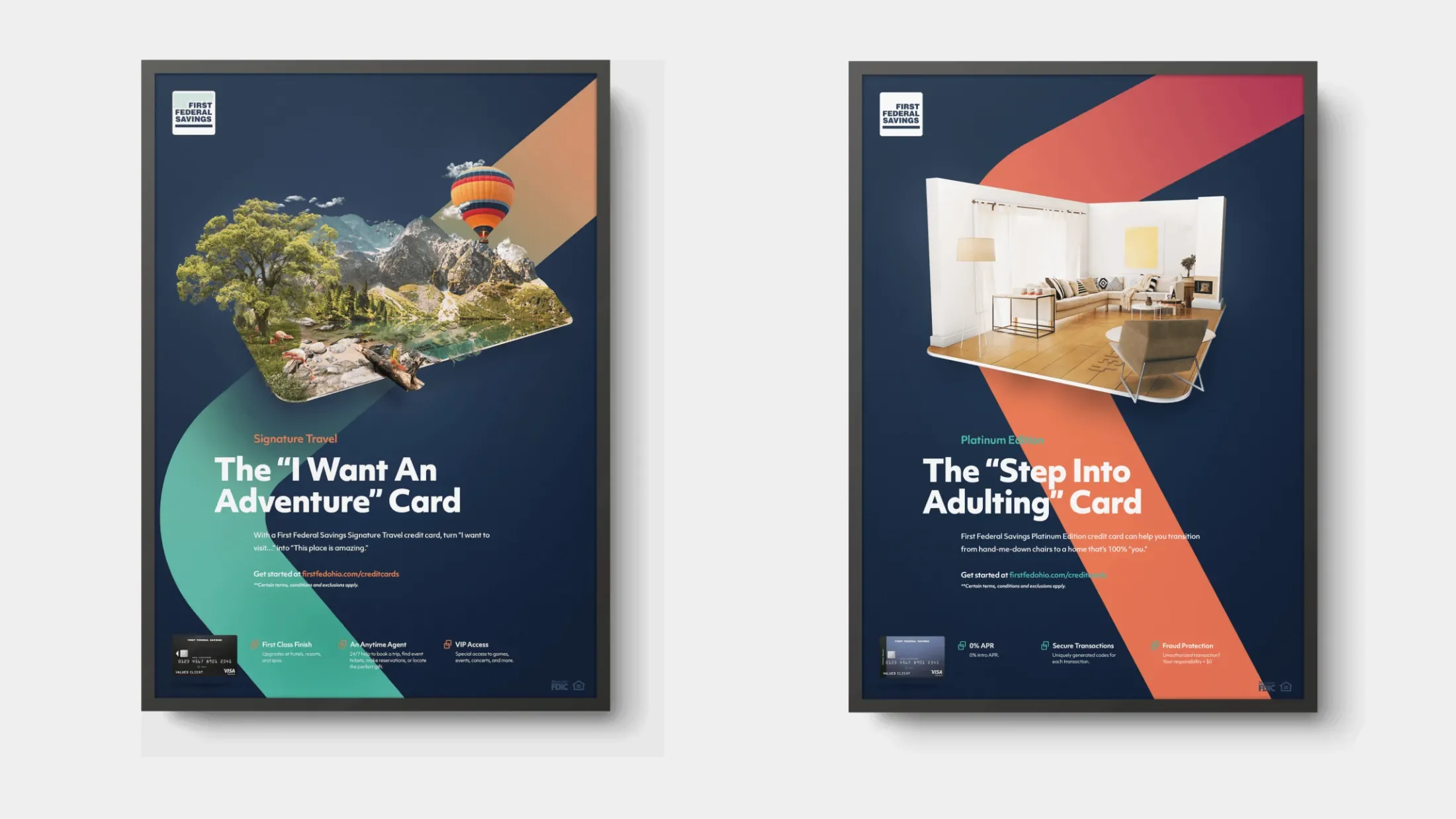 Two First Federal posters side-by-side advertising the Platinum Edition and Signature Travel cards