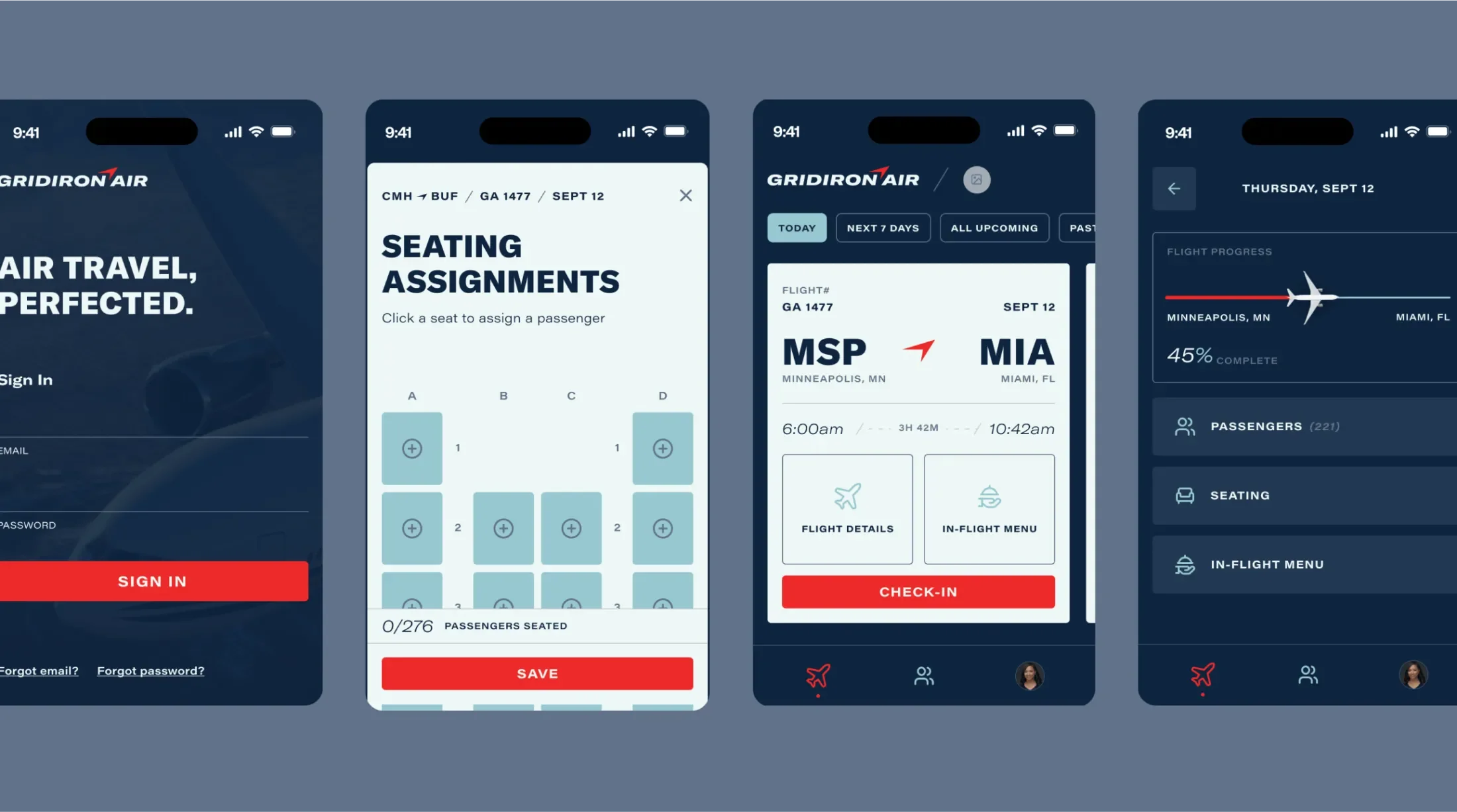 gridiron air app mobile screens showing sign in, seating assignment and trip information