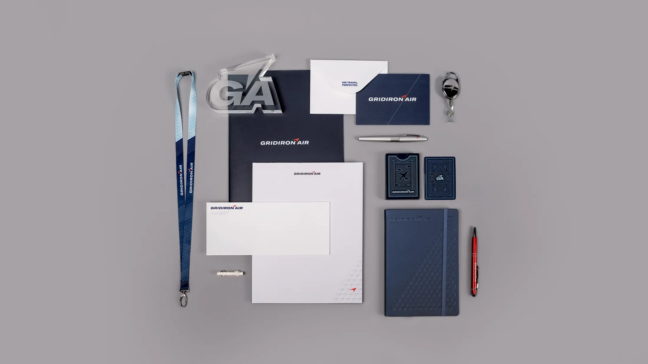 Top down spread of various collateral pieces produced for gridiron air