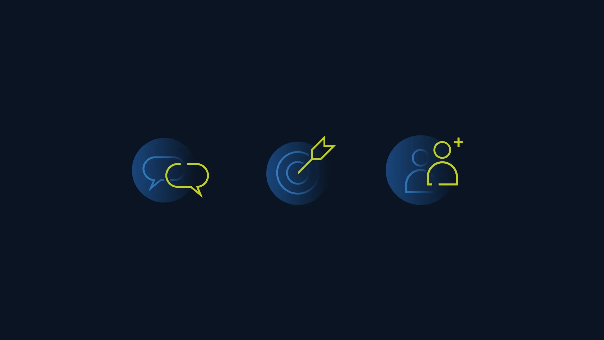 chat bubble icon, target with arrow icon, people icon