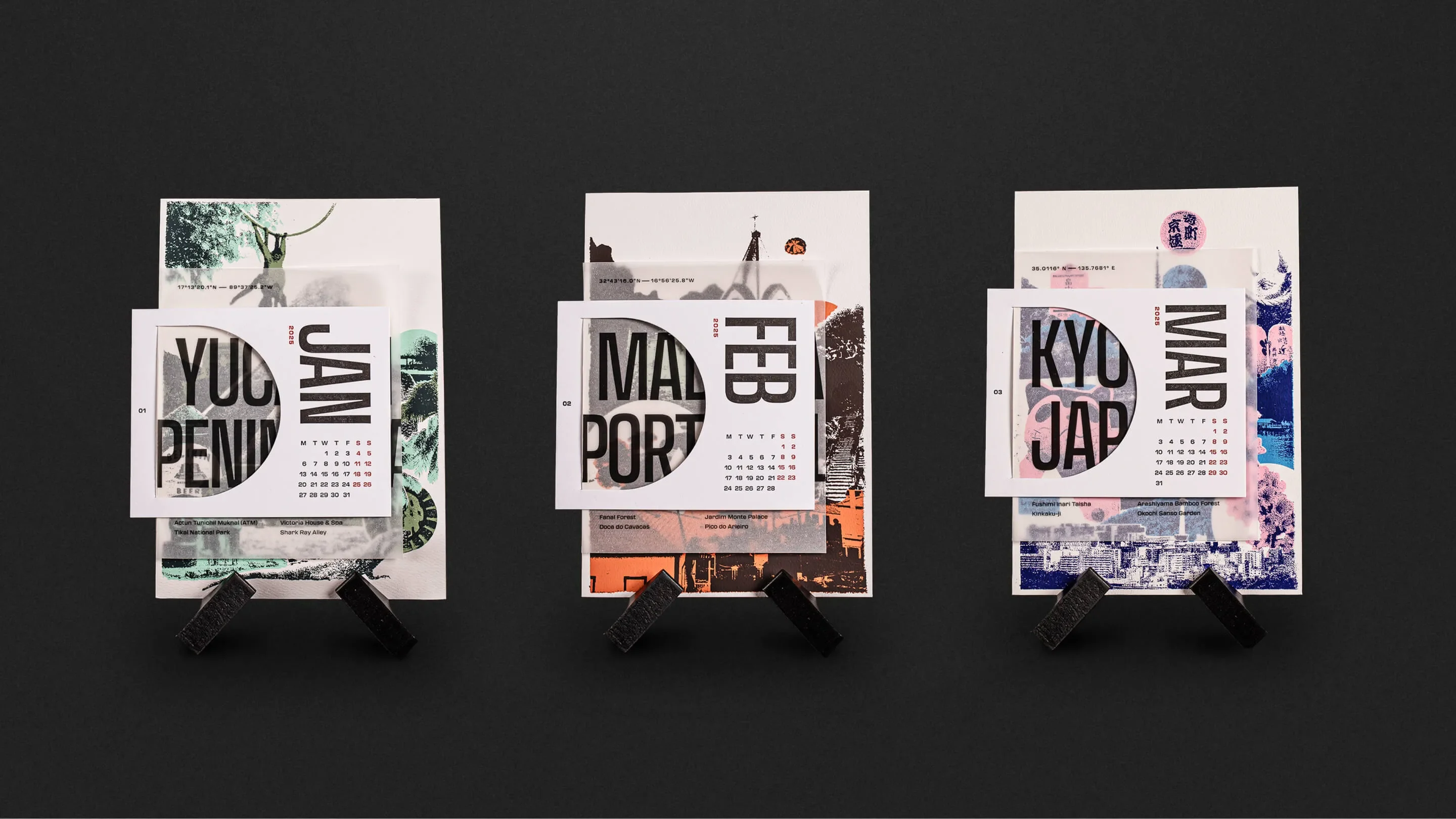 Three complete calendar cards in a row: January, February and March