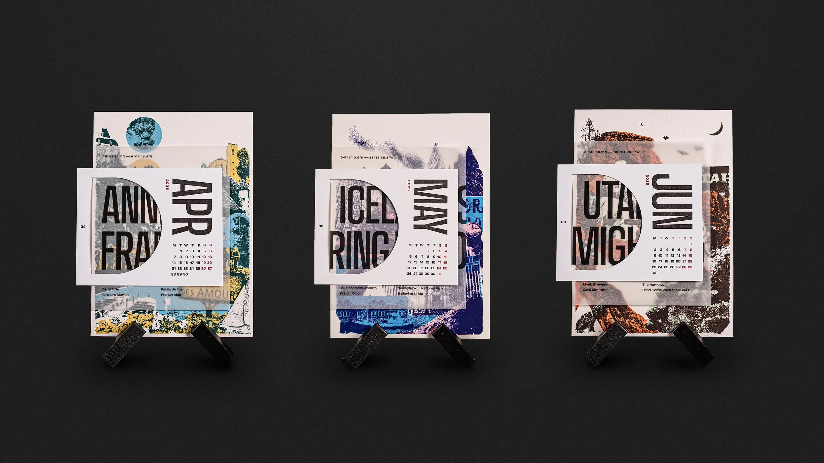 Three complete calendar cards in a row: April, May and June
