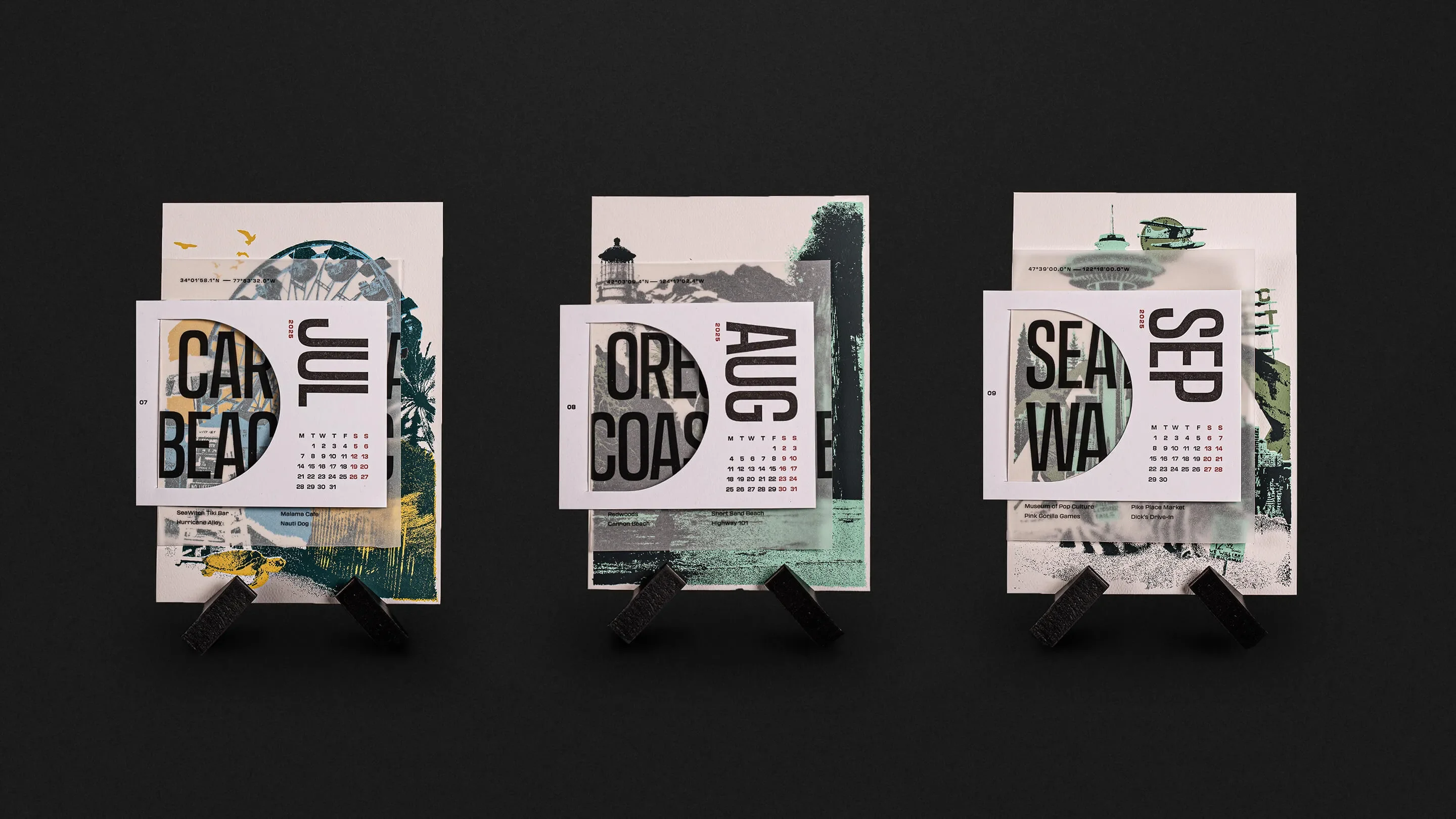 Three complete calendar cards in a row: July, August and September