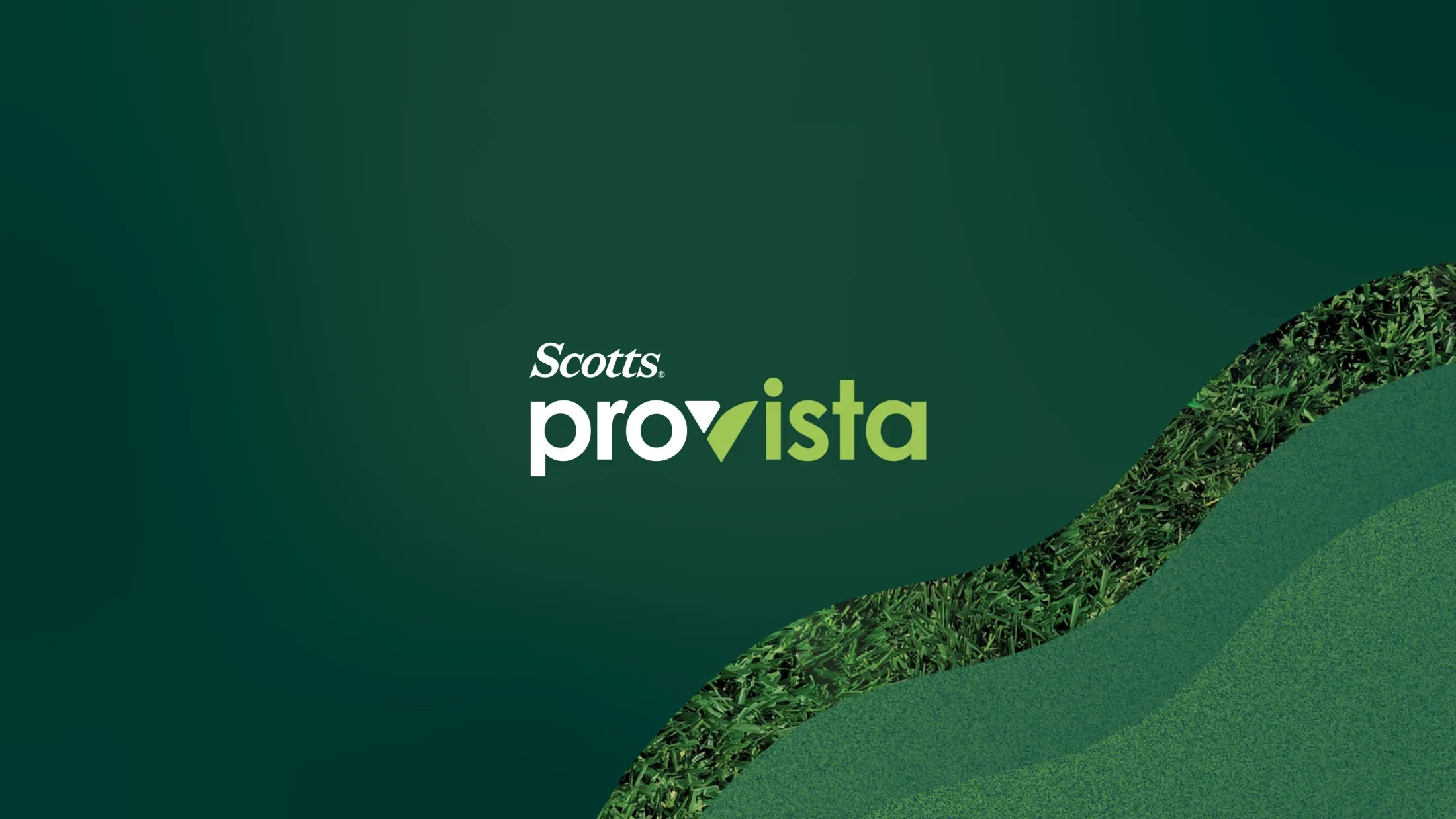 Scotts ProVista logo against a dark green background with waves of green and grass pattern below