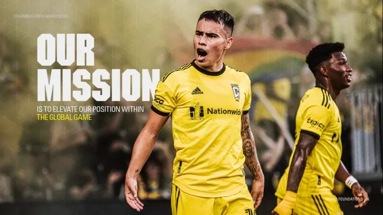 Our Mission page of the brand book featuring two Crew players, one yelling with a confident pose while the other walks behind 