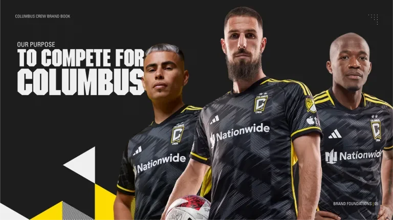 Our purpose of the brand book page featuring three Crew players looking toward the viewer