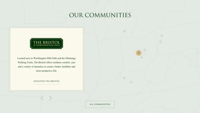 Communities section showing map of Ohio and surrounding states with stars on certain locations