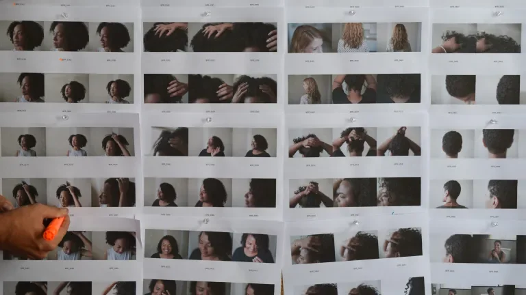 Grid of the photoshoot pictures with a hand writing on a photo