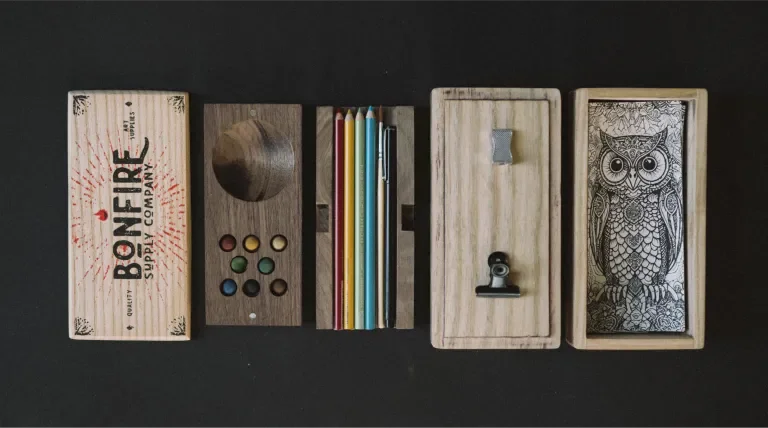 All pieces of the bento box laid out on a table