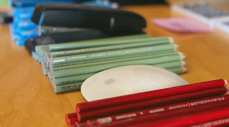 Close-up of colored pencils divided by color