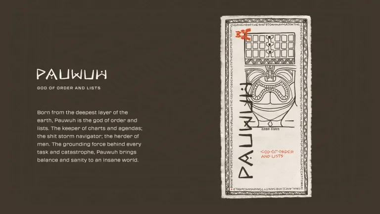 Illustration and description for the tiki Pauwuh, God of Order and Lists