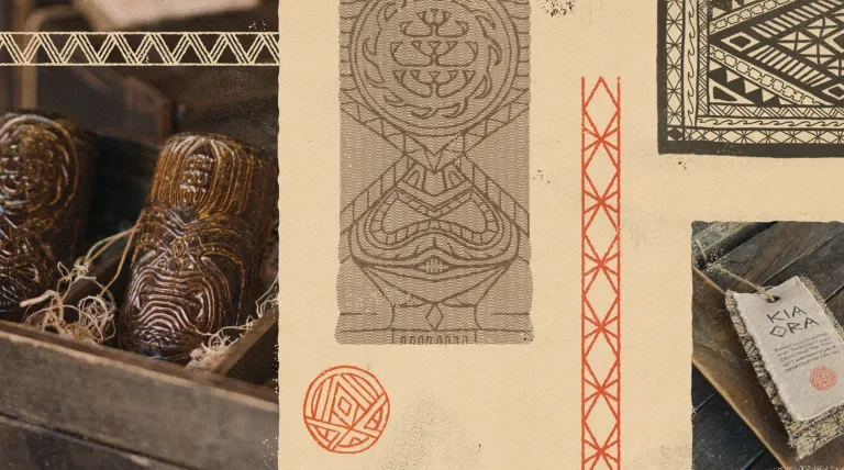 Collage of graphics from across the tiki project along with a picture of the mugs in their box