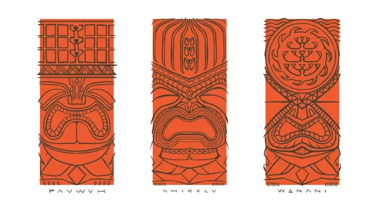 Designs of all three tiki heads