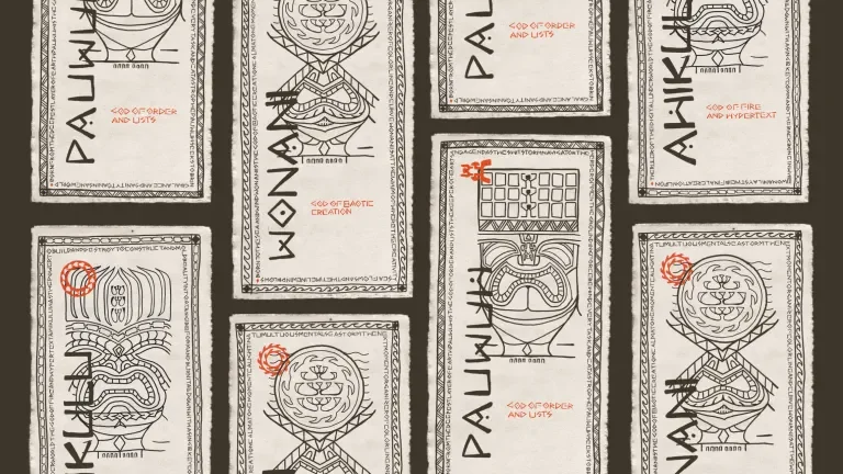 A grid of screen printed inserts featuring each of the tiki figures