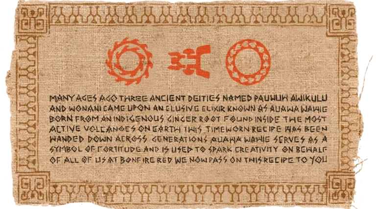 Screenprinted cloth tag featuring the three tiki logos with copy explaining the story behind them below it