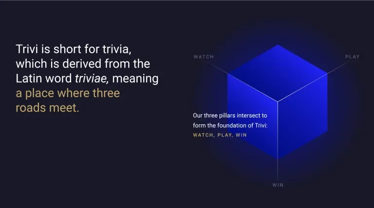 diagram with a blue cube and text which reads, "Trivi is short for trivia, which is derived from the Latin word triviae, meaning a place which three roads meet. Our three pillars intersect to form the foundation of Trivi: Watch, Play, Win