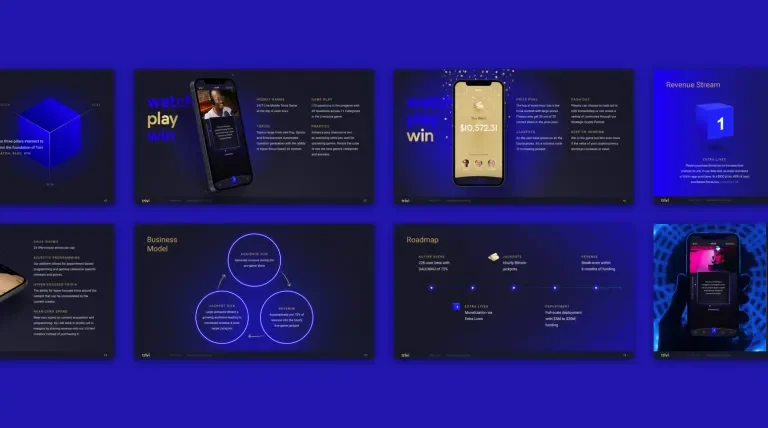 Various slides from the Trivi slide deck arranged in a grid against a blue background