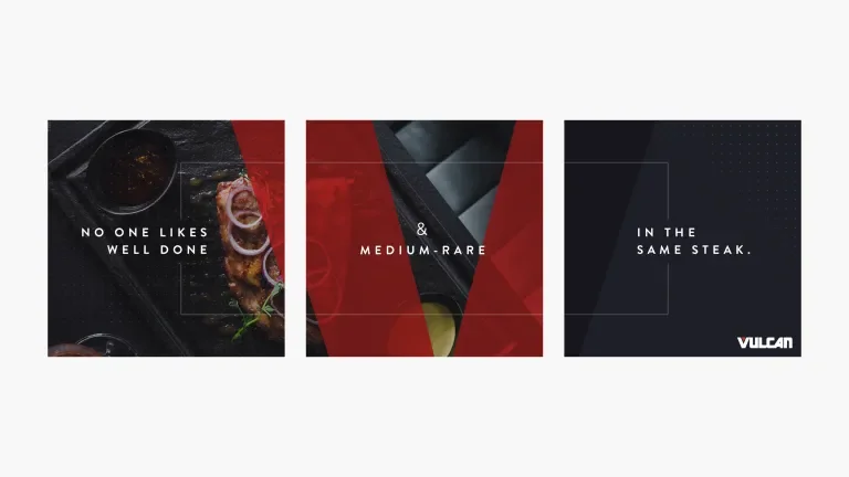 Three square frames side-by-side with copy in each reading "No one likes well done & medium rare in the same steak"
