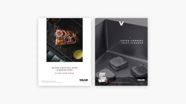 Each side of a one-page ad emphasizing even cooking and easy cleanup