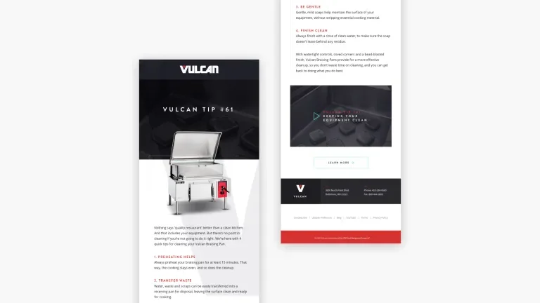 Sample email ad for Vulcan Tip #61 on cleaning a braising pan