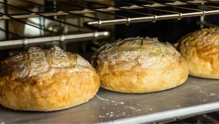 Three round loves of bread on a tray in the oven