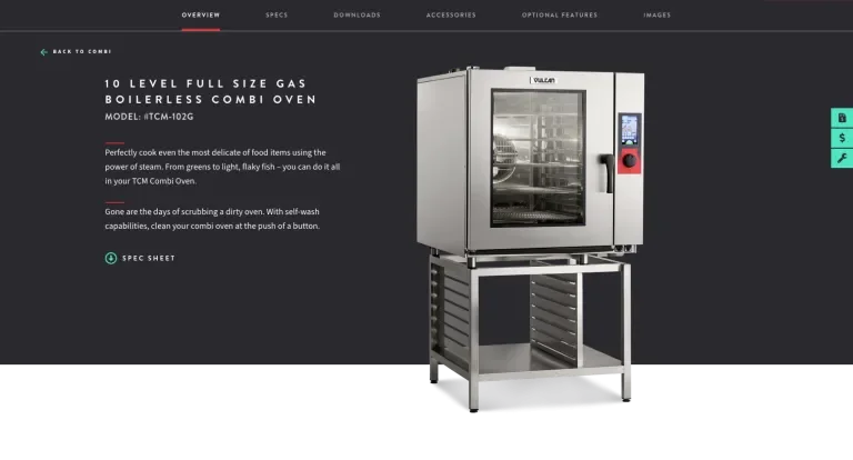 Product page for a 10 Level Full Size Gas Broilerless Combi Oven