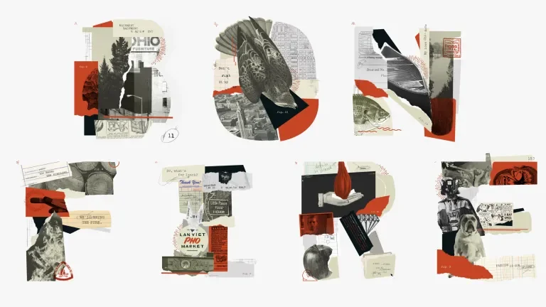 Set of collages featuring various photos, figures and papers forming each letter of the word "bonfire"