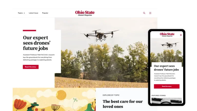 intro screen for the digital version of the alumni magazine on desktop and mobile