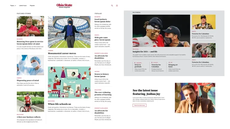 screens showing the homepage of the digital versions of the osu alumni magazine 