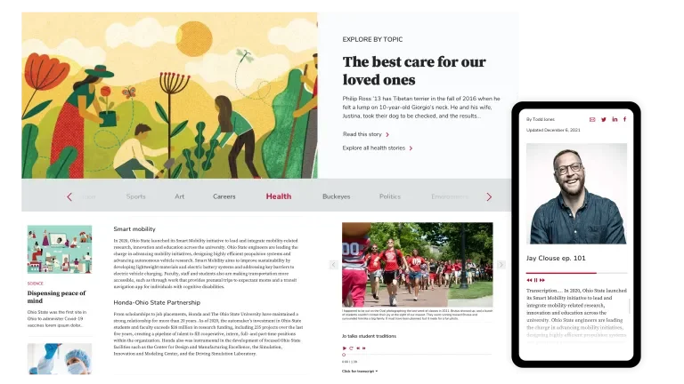 views of various section types available to admins to create rich stories