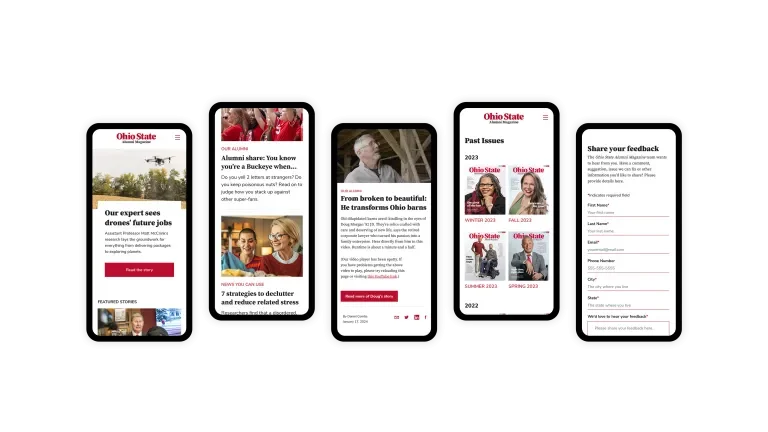 5 views showcasing how the alumni magazine looks on mobile screens