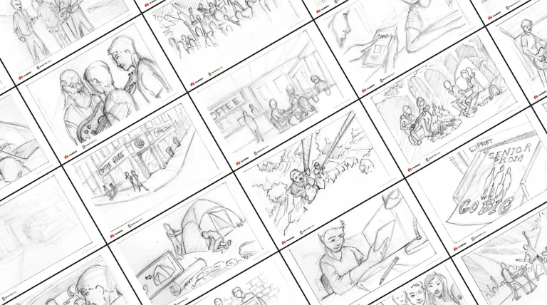 Collage of storyboard sketches for the Huawei campaign video