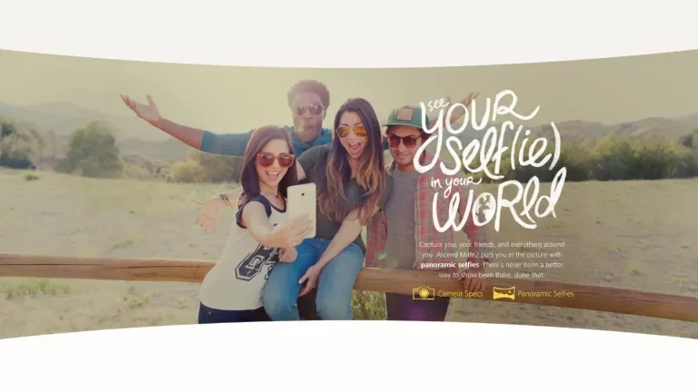 Ad ad for the Ascend Mate2's camera featuring a group of young adults in a field framed to look like a panoramic shot