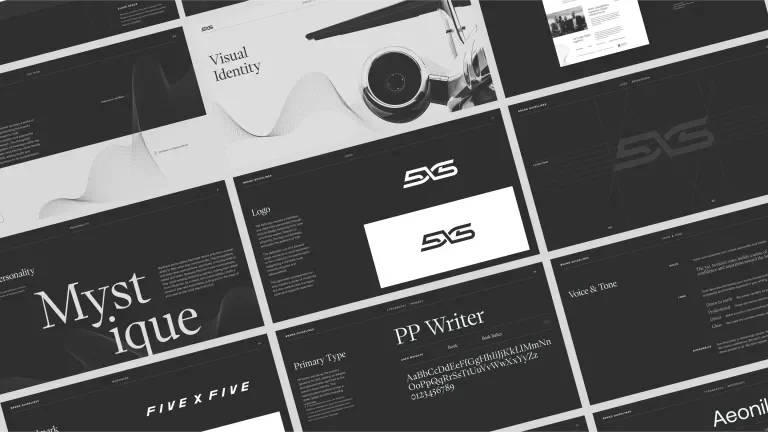 Several pages of the 5x5 style guide laid out in an offset grid