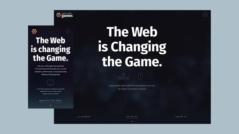 Open Web Games home page screens for both desktop and mobile on a blue background.