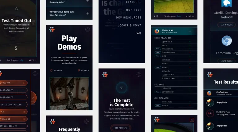 Multiple mobile views for the Open Web Games website.