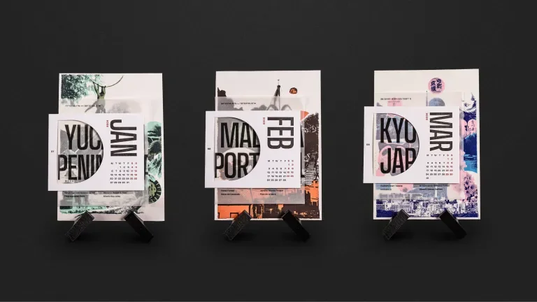 Three complete calendar cards in a row: January, February and March