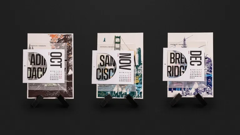 Three complete calendar cards in a row: October, November and December