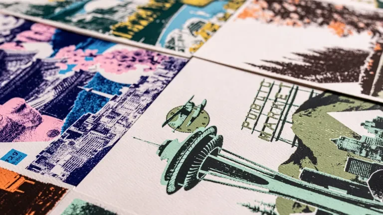 Close-up on a collage of calendar card artwork